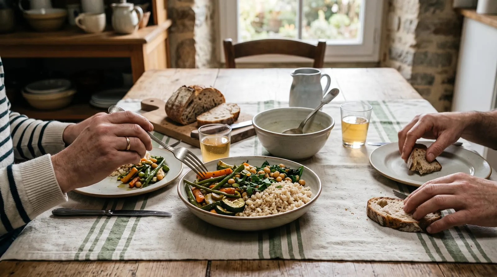 Une table de repas partagée, vue de dessus : un plat simple, du pain, des légumes et deux verres, avec des mains en train de servir.