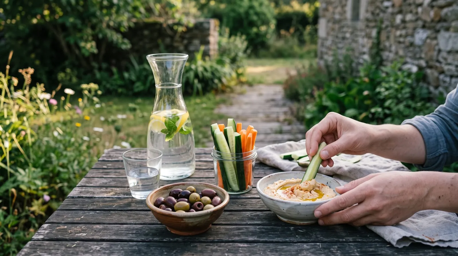 Un apéritif d'été sur une table de jardin en bois : bâtonnets de légumes, houmous, olives et carafe d'eau citronnée, en lumière rasante de fin d'après-midi.