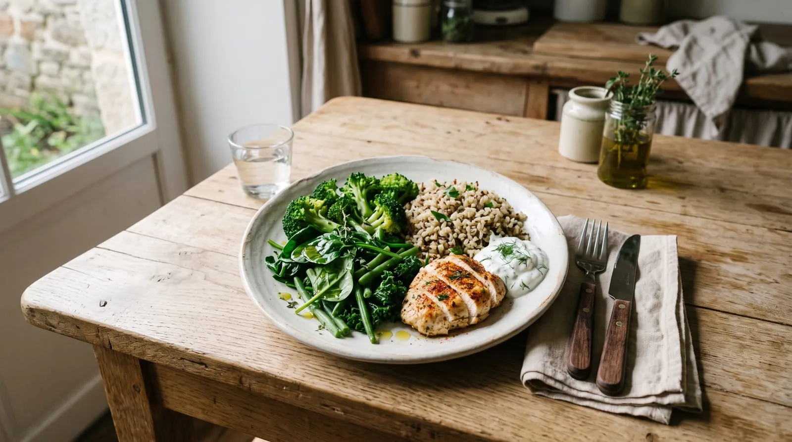 Une assiette composée vue de dessus : une moitié de légumes, un quart de féculents complets, un quart de protéines, sur une table en bois clair.