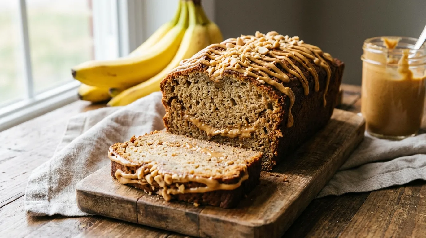Banana bread entamé sur une planche en bois, nappé de beurre de cacahuète et de cacahuètes concassées, avec un régime de bananes et un bocal de beurre de cacahuète en arrière-plan.
