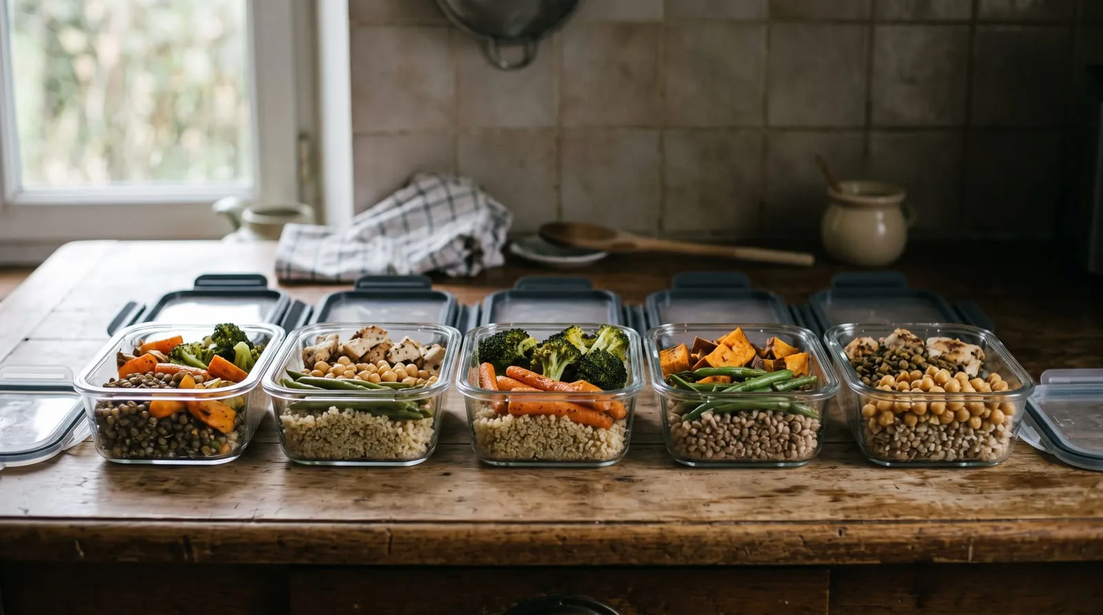Une rangée de boîtes hermétiques alignées sur un plan de travail, remplies de portions de légumes rôtis, de céréales et de protéines.