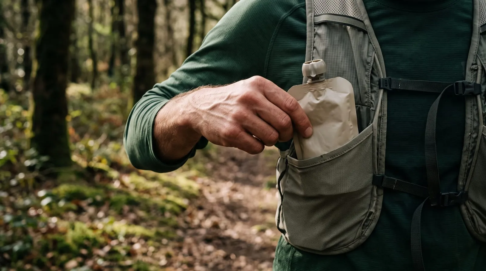 Une main de coureur sortant une compote à boire de la poche avant d'un gilet de trail, sur un sentier de sous-bois.