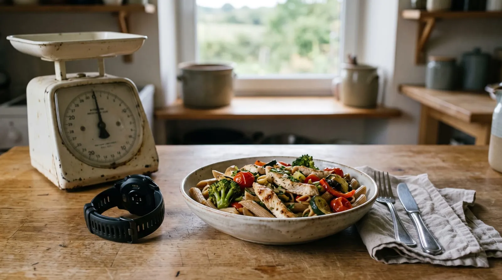 Une assiette de pâtes complètes, de poulet et de légumes posée sur un plan de travail, à côté d'une balance de cuisine éteinte et d'une montre cardio retournée.