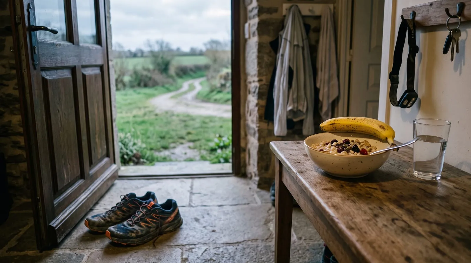 Une paire de chaussures de running posée près d'une porte d'entrée à l'aube, à côté d'une console où attendent un bol de porridge et une banane.
