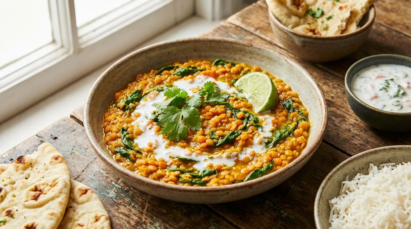 Bol de dahl de lentilles corail aux épinards, garni de coriandre, d'un filet de lait de coco et d'un quartier de citron vert, servi avec du naan et du riz.