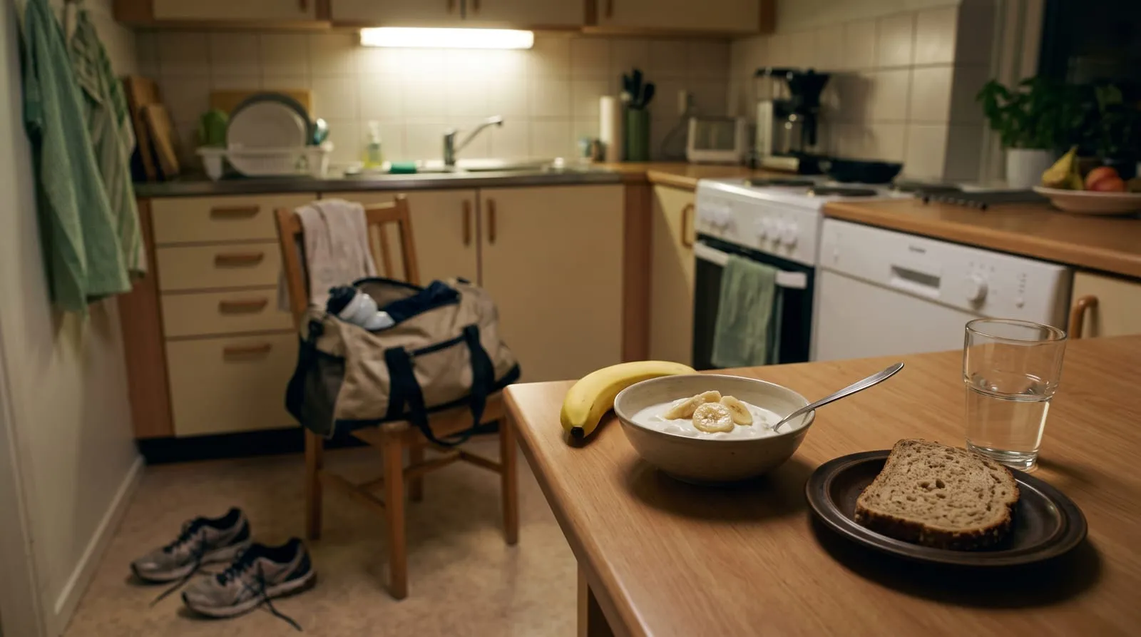 Un plan de travail de cuisine le soir, éclairé par la lampe au-dessus de l'évier : un sac de sport encore ouvert posé sur une chaise, une paire de baskets par terre, et sur le plan de travail un bol de fromage blanc, une banane et une tranche de pain.