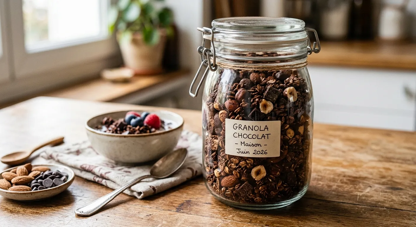 Bocal de granola au chocolat maison posé sur une table en bois, à côté d'un bol de fromage blanc aux fruits rouges, d'amandes et de pépites de chocolat.