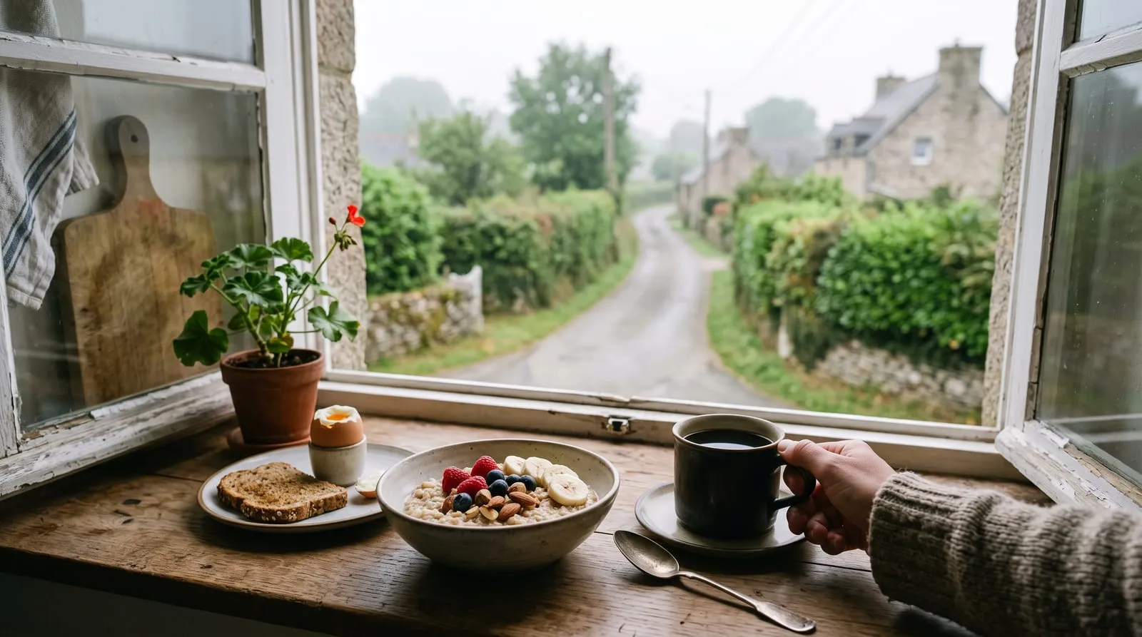 Un petit-déjeuner posé près d'une fenêtre au petit matin : bol de flocons d'avoine, fruits frais, œuf et tasse de café.