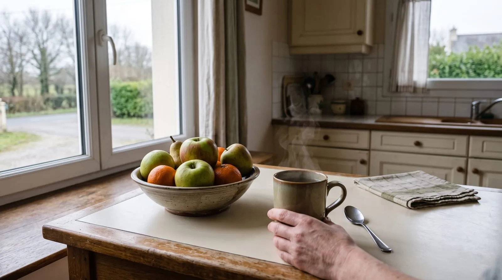 Une cuisine rangée au lendemain des fêtes, avec un bol de fruits et une tasse de thé fumante, dans la lumière grise de janvier.