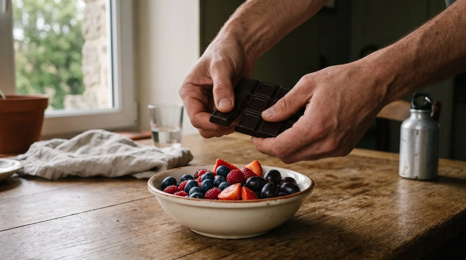 Deux mains cassant un carré de chocolat noir au-dessus d'un bol de fruits frais, sur une table en bois.